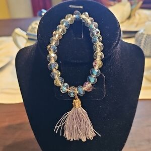 Crystal Beaded Bracelet with Tassel Blue/Gray Stretchy UNC Tarheels
